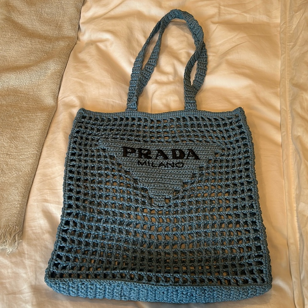 Prada Blue raffia crochet tote